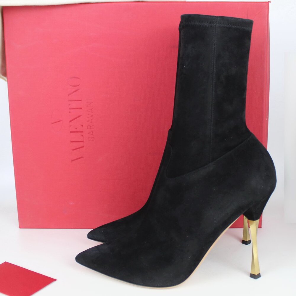 NEW Valentino Garavani Stretch Suede Sock Stiletto Boot Gold Heel | Runway Sleek